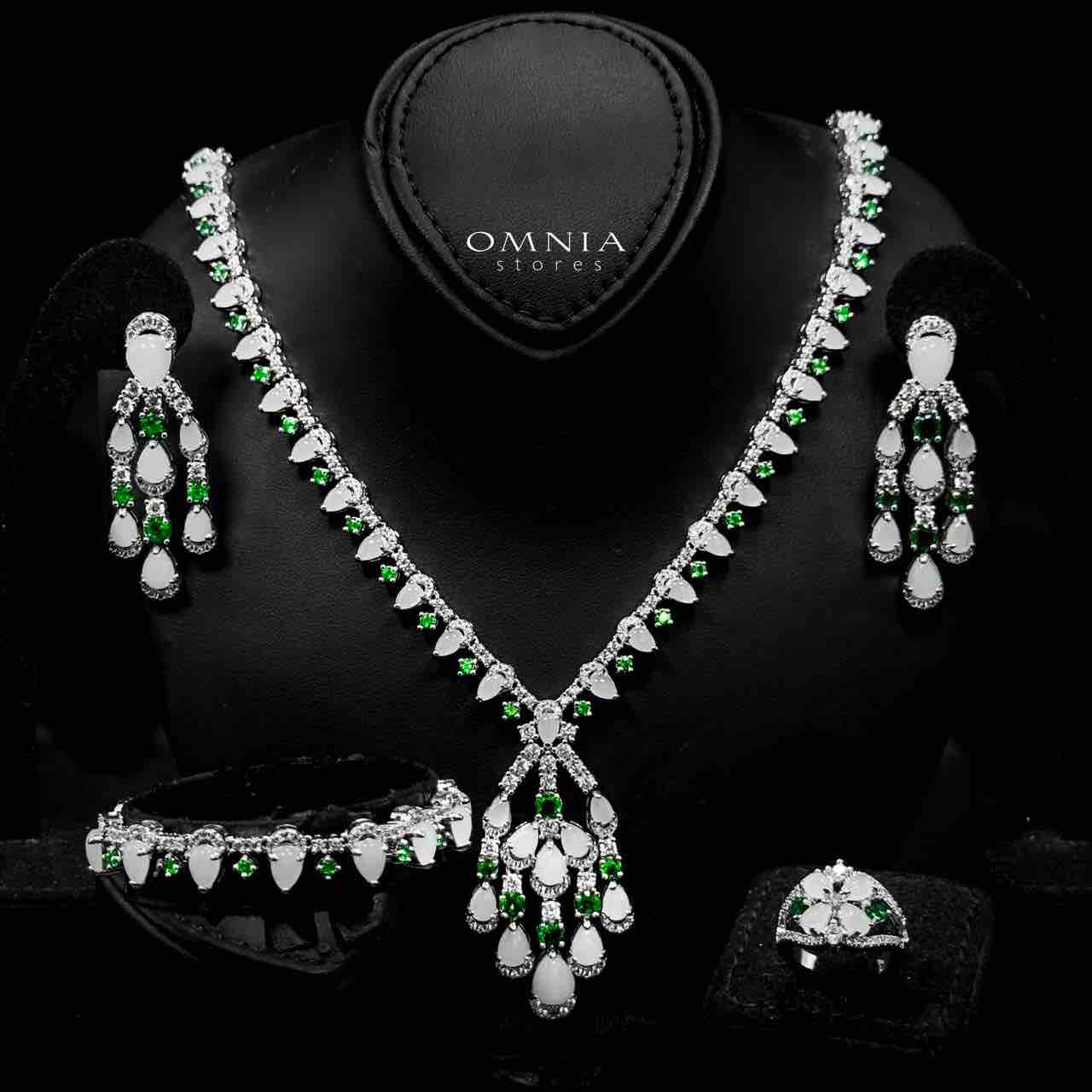 Omnia Salma White and Green Full Set with High-Quality Simulated Diamonds Rhodium Plated - OMNIASTORES UAE