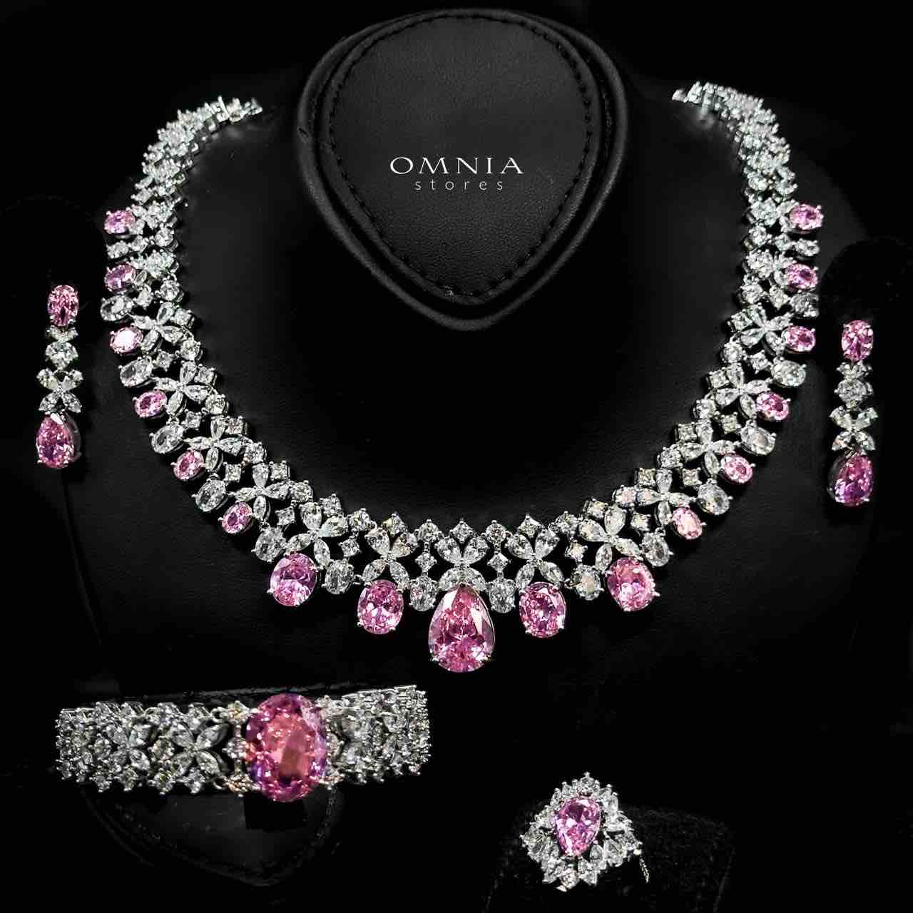 Omnia Suhana Pink Bridal Full Set with High-Quality Simulated Diamonds Rhodium Plated - OMNIASTORES UAE