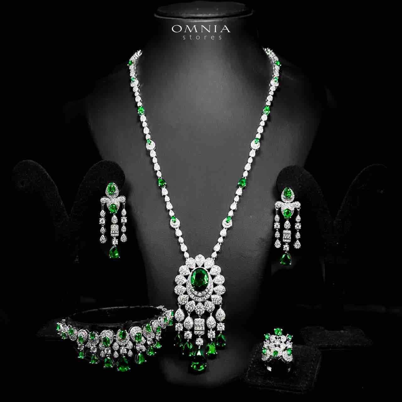 Omnia Aleya Green Bridal Full Long chain Set in High Quality Simulated Diamonds Rhodium Plated - OMNIASTORES UAE