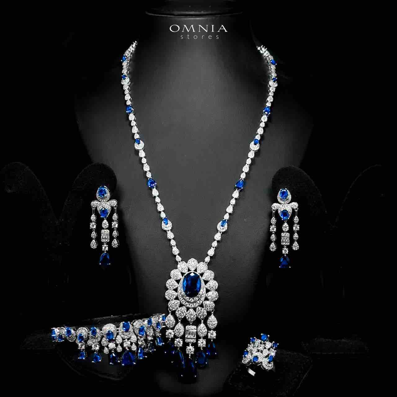Omnia Aleya Blue Bridal Full Long chain Set in High Quality Simulated Diamonds Rhodium Plated - OMNIASTORES UAE