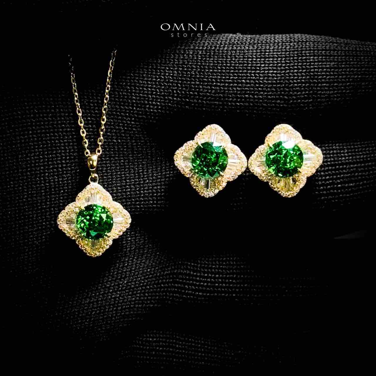 Omnia Zafira Golden Necklace and Earrings Set in 925 Silver with High-Quality Green Ice Cut Stones - OMNIASTORES UAE