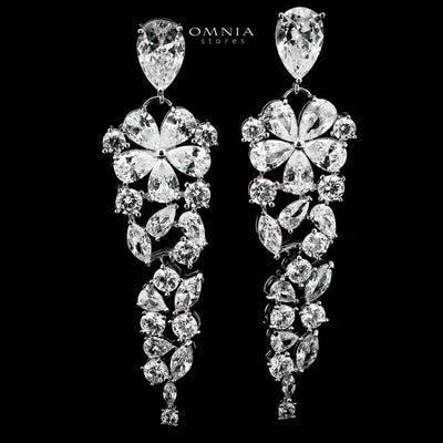 Omnia Qismah Silver Drop Earrings in 925 Silver with High-Quality White CZ Zircon Stones