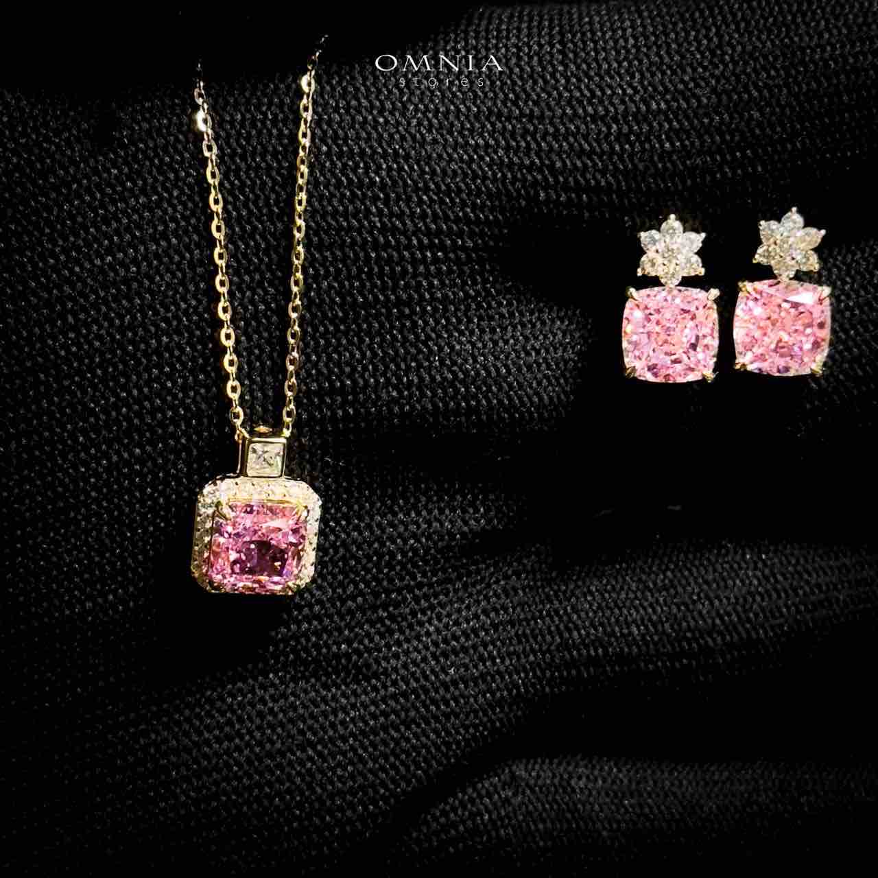 Omnia Shayla Golden Necklace and Earrings Set in 925 Silver with High-Quality Pink Ice Cut Stones - OMNIASTORES UAE
