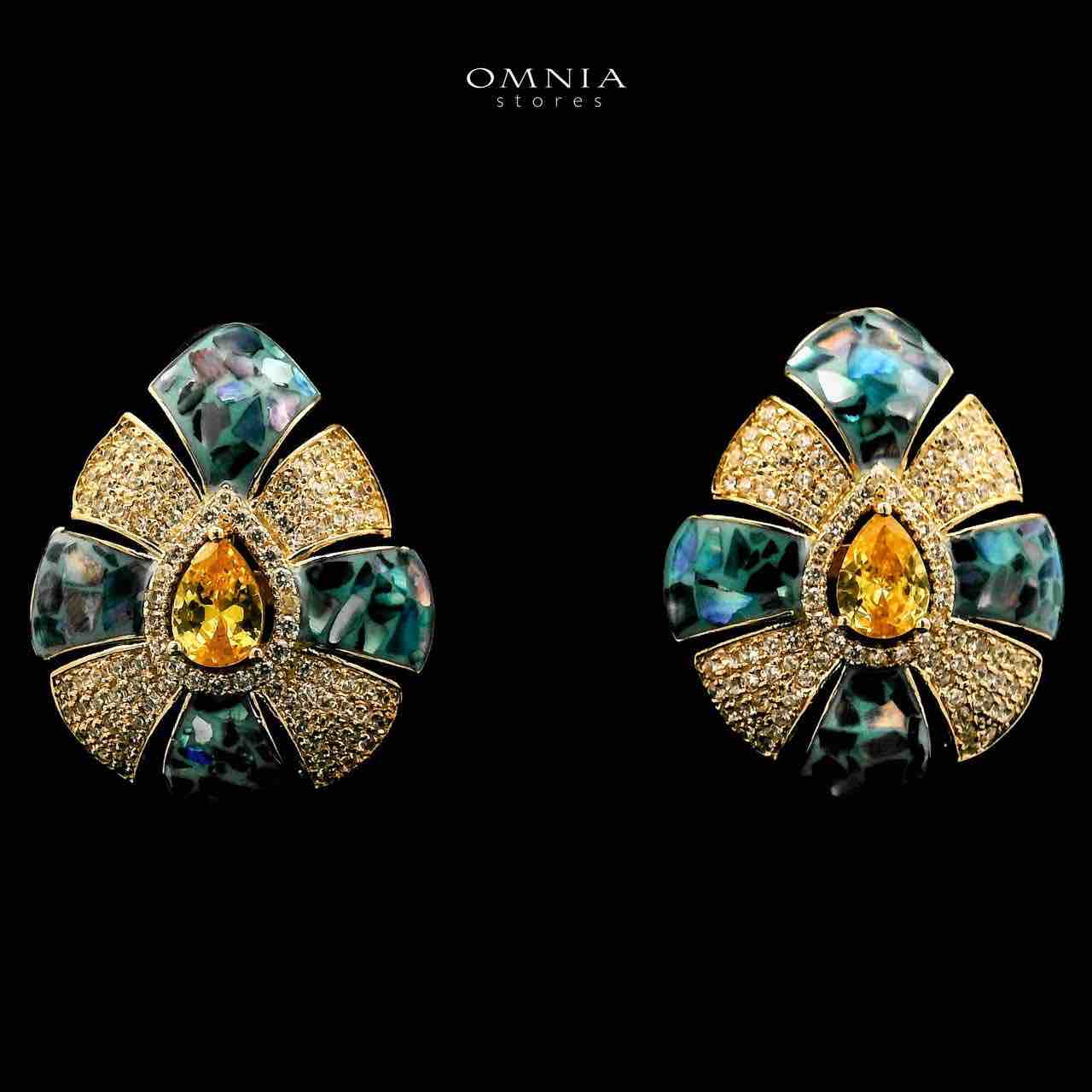 Omnia Ghaliya Golden Stud Eariings With Rhodium Plated In High Quality Zircon Stone - OMNIASTORES UAE
