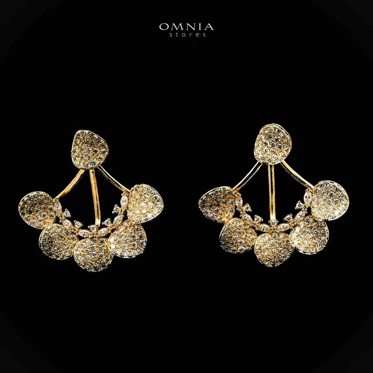Omnia Qindeel Golden Floral Earrings With Rhodium Plated In High Quality Zircon Stone - OMNIASTORES UAE