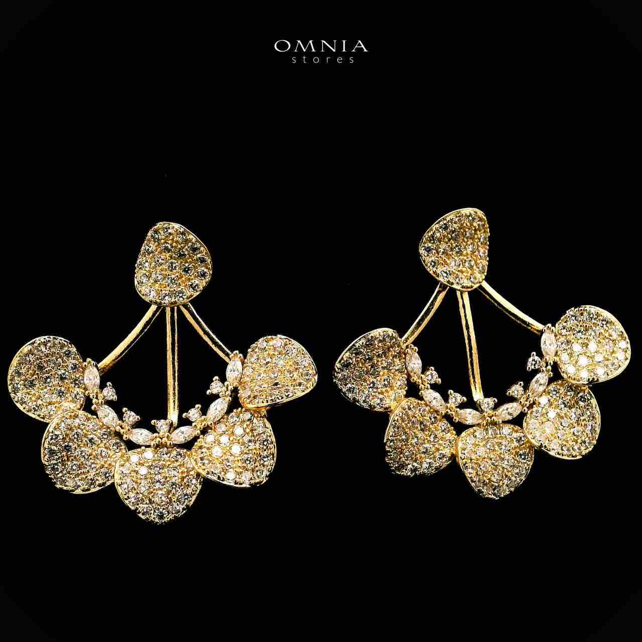 Omnia Qindeel Golden Floral Earrings With Rhodium Plated In High Quality Zircon Stone - OMNIASTORES UAE