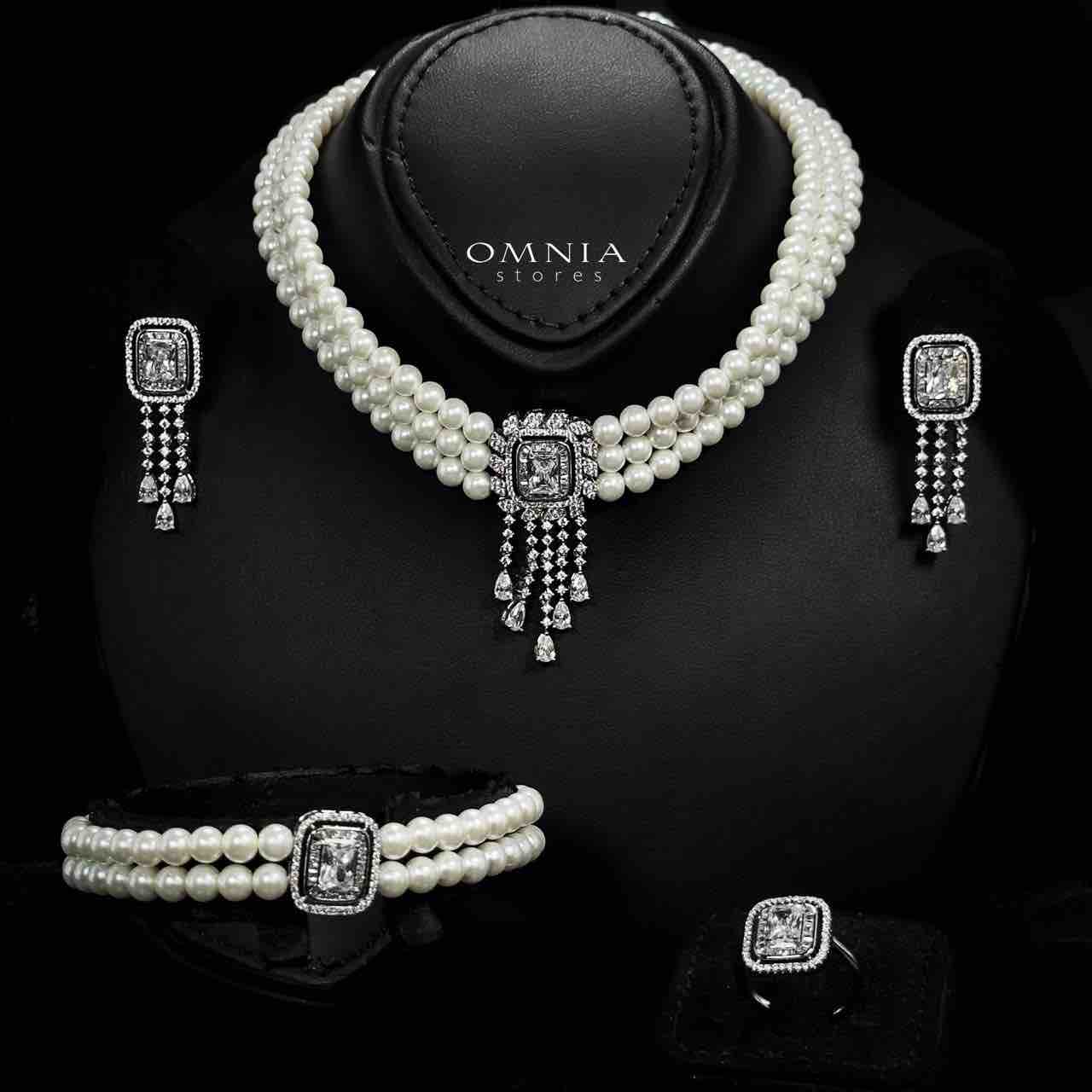 Omnia Wahida Pearl Bridal Full set With Rhodium Plated In High Quality Zircon Stone - OMNIASTORES UAE