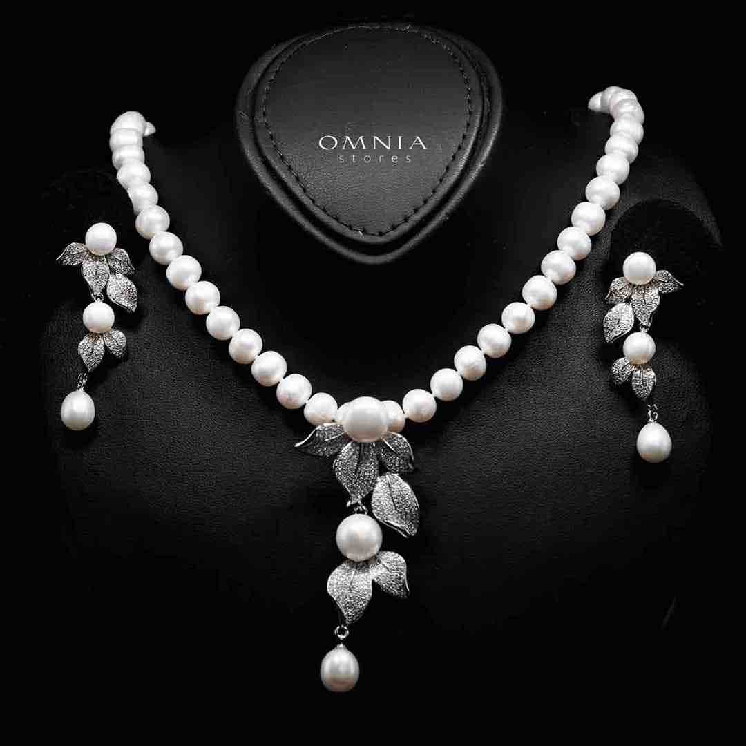 Omnia Precious Fresh Real Water Pearl Necklace and Earrings Set 925 Silver In High Quality Simulated diamonds - OMNIASTORES UAE