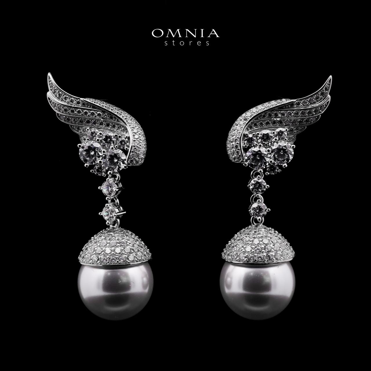 Omnia Rahmah Winged Silver Pearl Drop Earrings in 925 Silver with High-Quality Simulated Diamonds - OMNIASTORES UAE