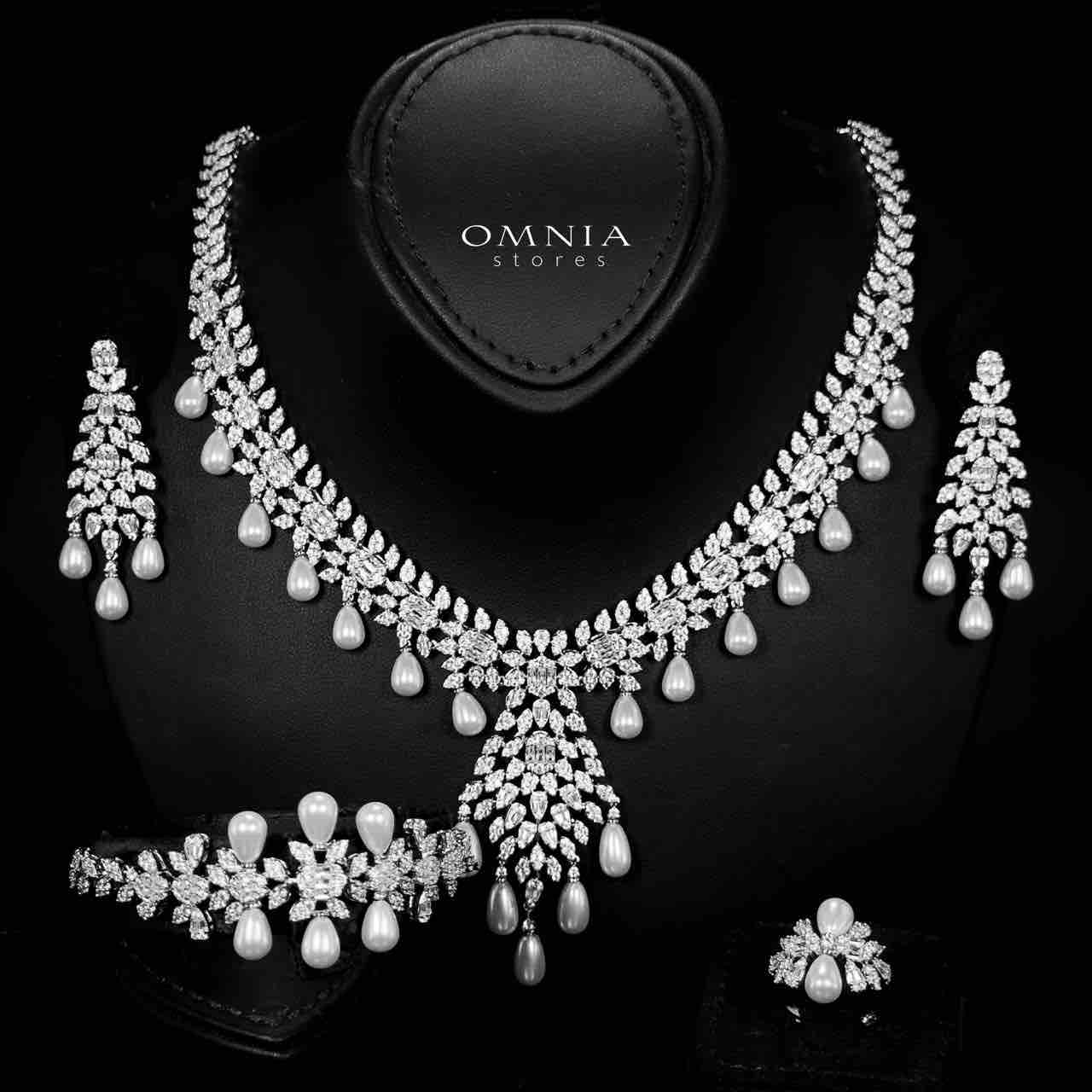 Omnia Zahrah Bridal White Pearl Full Set in High Quality Zircon Stone Rhodium Plated - OMNIASTORES UAE