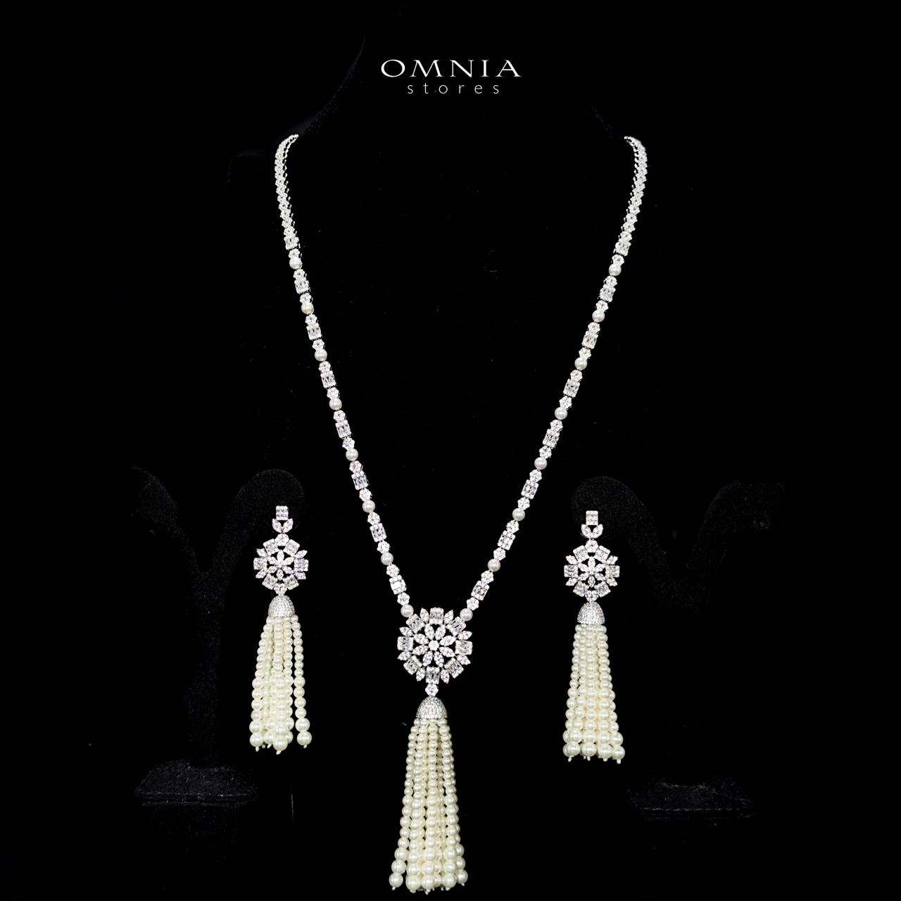 Omnia Khawlah White Bridal Long chain Pearl Set Accessories in High Quality Zircon Stone Rhodium Plated - OMNIASTORES UAE