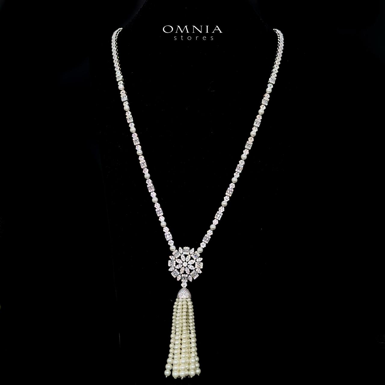 Omnia Khawlah White Bridal Long chain Pearl Set Accessories in High Quality Zircon Stone Rhodium Plated - OMNIASTORES UAE