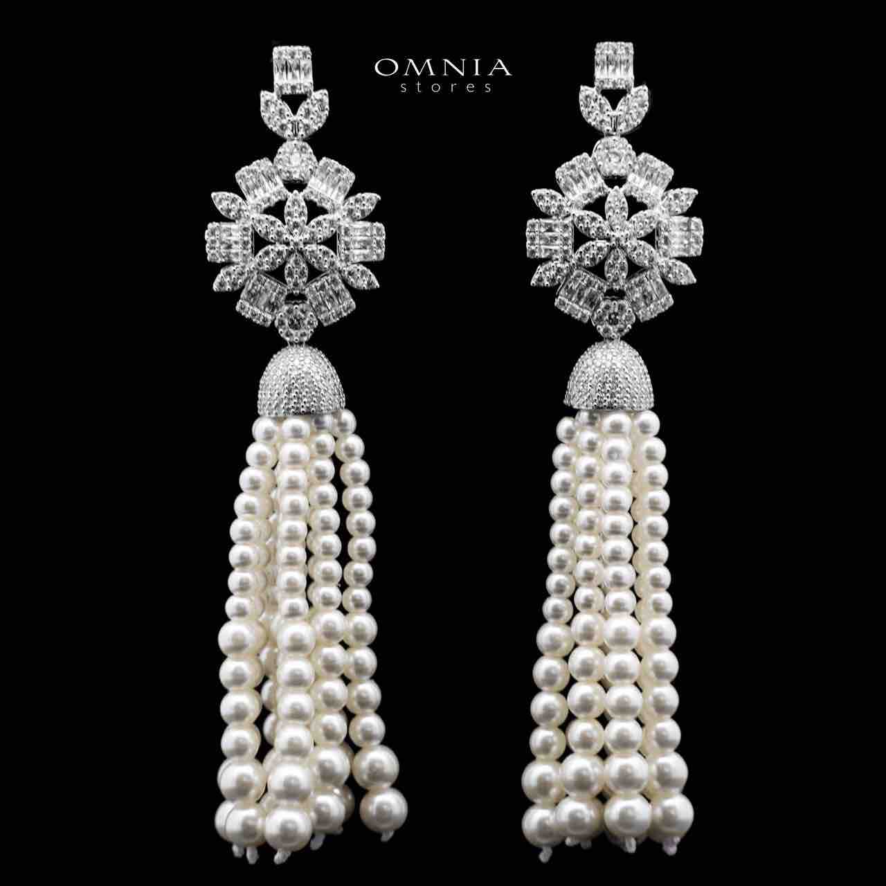 Omnia Khawlah White Bridal Long chain Pearl Set Accessories in High Quality Zircon Stone Rhodium Plated - OMNIASTORES UAE