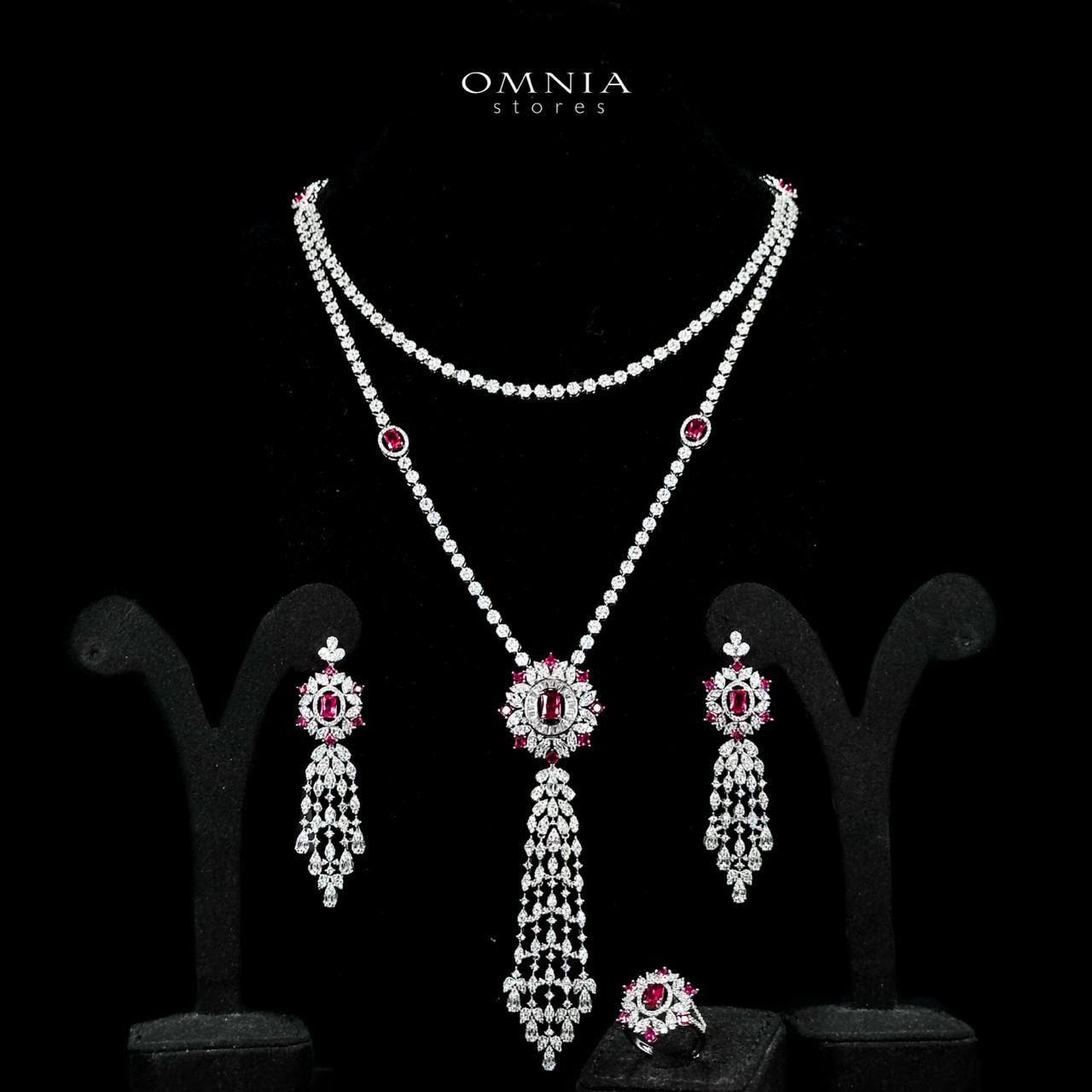 Omnia Ola Red Bridal Long chain Set Accessories in High Quality Zircon Stone Rhodium Plated - OMNIASTORES UAE