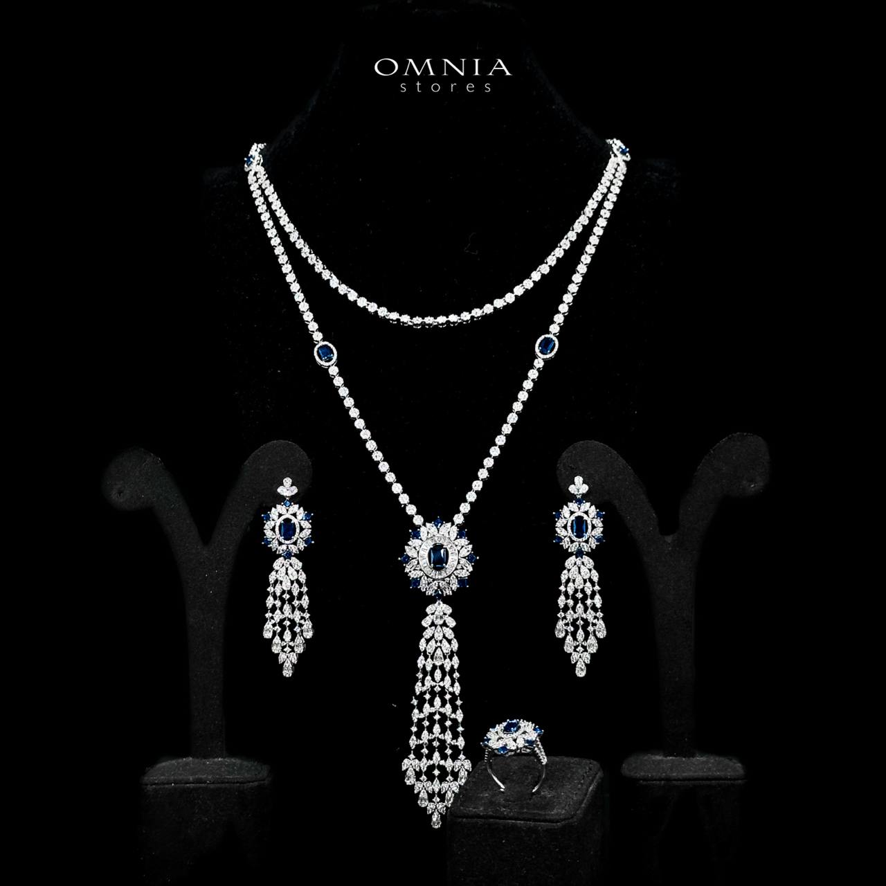 Omnia Ola Blue Bridal Long chain Set Accessories in High Quality Zircon Stone Rhodium Plated - OMNIASTORES UAE