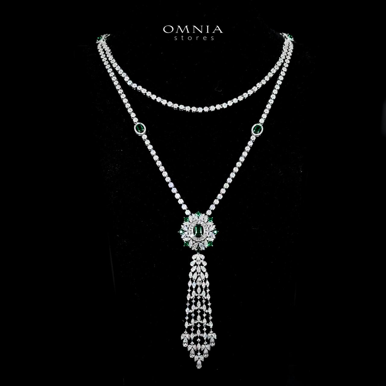 Omnia Ola Green Bridal Long chain Set Accessories in High Quality Zircon Stone Rhodium Plated - OMNIASTORES UAE
