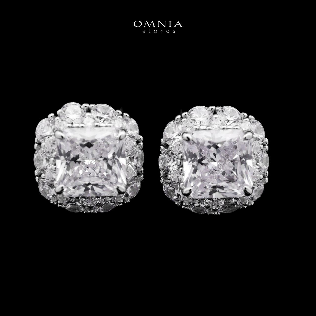 Omnia Ghita White Princess Cut Statement Earrings in 925 Silver with High-Quality Simulated Diamonds