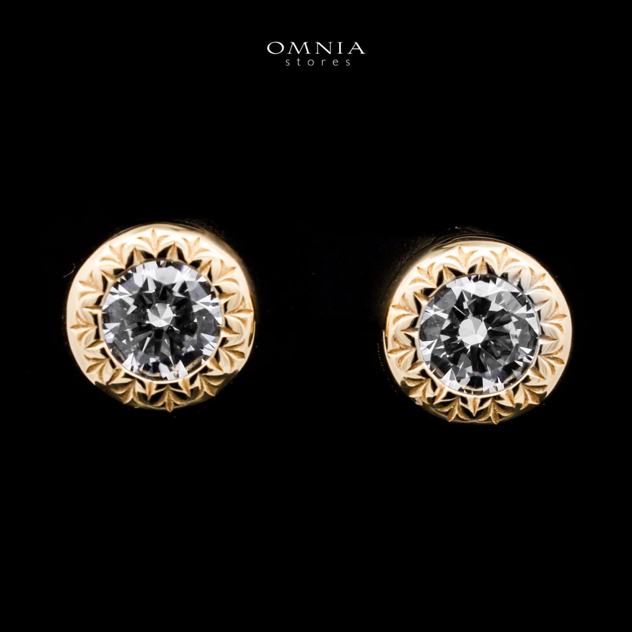 Omnia Ismah Golden Classic Stud Earrings in 925 Silver with High-Quality White Simulated Diamonds - OMNIASTORES UAE