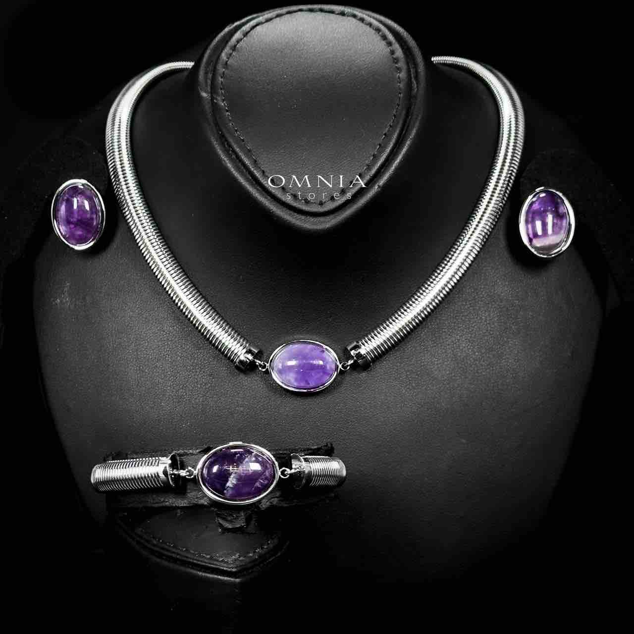 Omnia Naqiyah Silver Color Necklace,Bracelet and Earrings Set in High-Quality Stainless Steel with Purple Stone - OMNIASTORES UAE
