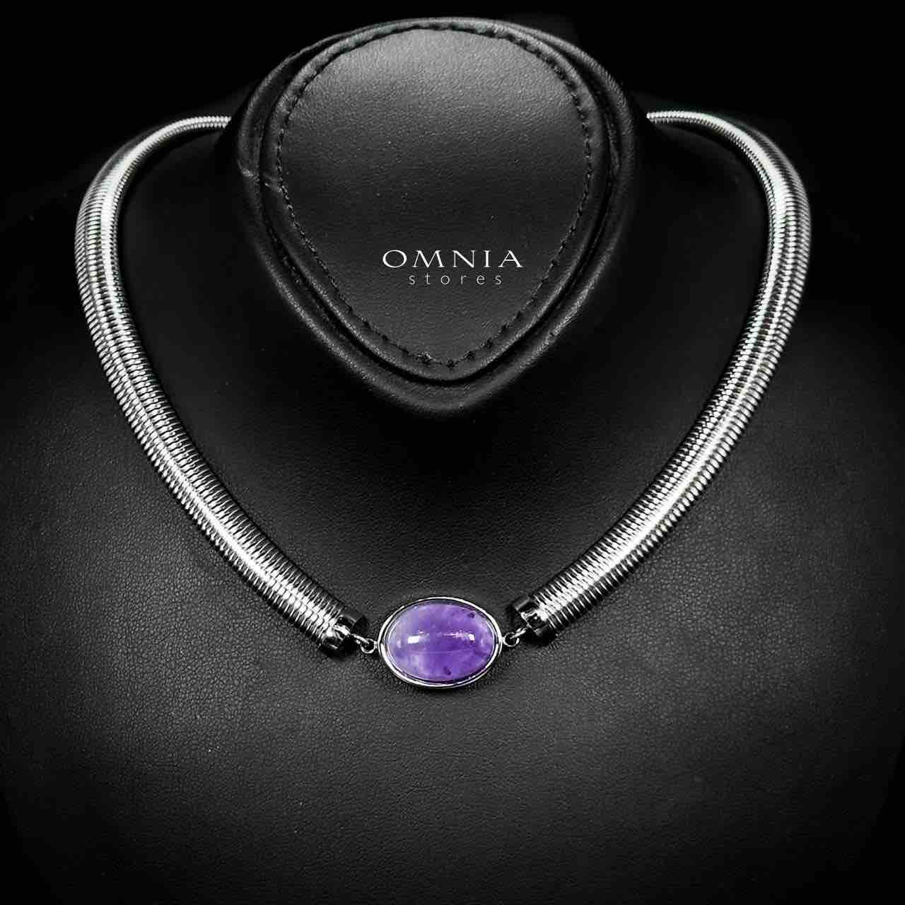 Omnia Naqiyah Silver Color Necklace,Bracelet and Earrings Set in High-Quality Stainless Steel with Purple Stone - OMNIASTORES UAE