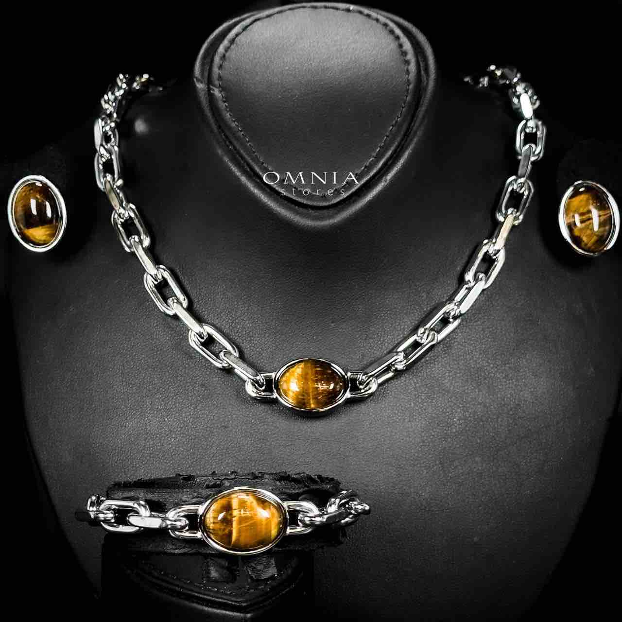Omnia Caliya Silver Color Necklace,Bracelet and Earrings Set in High-Quality 8mm Stainless Steel with Brown Stone - OMNIASTORES UAE