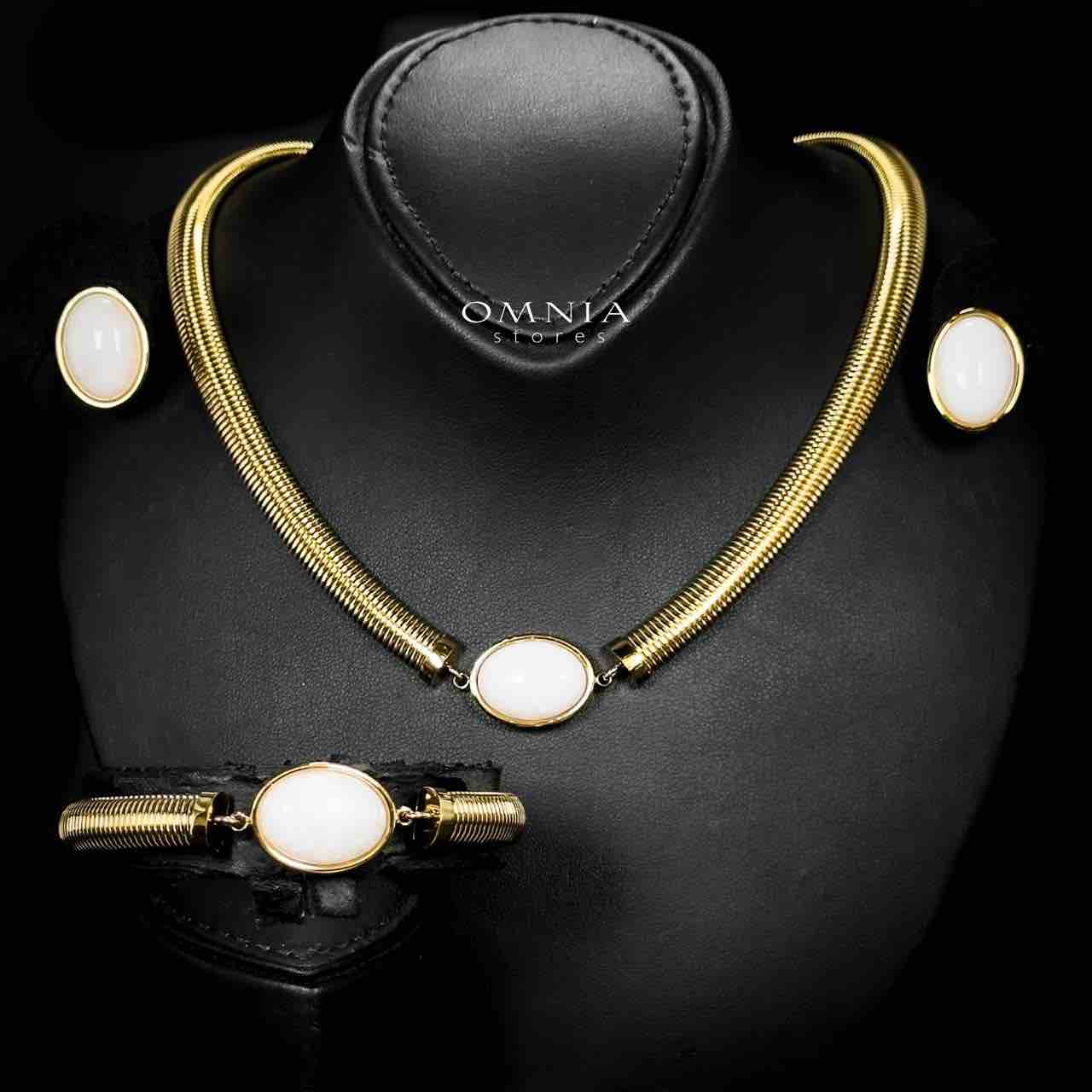 Omnia Naqiyah Copper Plated Gold Color Necklace,Bracelet and Earrings Set in High-Quality 8mm Stainless Steel with White Stone - OMNIASTORES UAE
