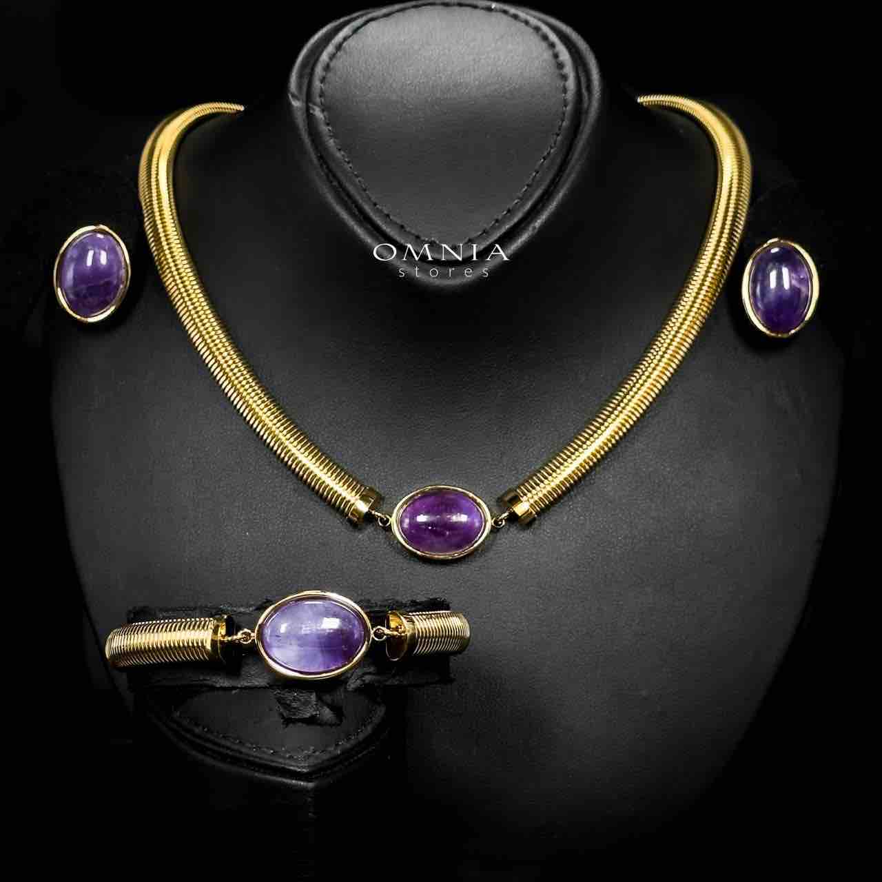 Omnia Naqiyah Copper Plated Gold Color Necklace,Bracelet and Earrings Set in High-Quality 8mm Stainless Steel with Purple Stone - OMNIASTORES UAE