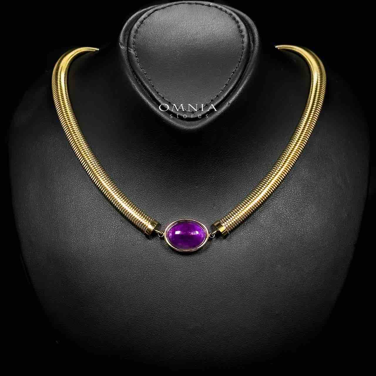 Omnia Naqiyah Copper Plated Gold Color Necklace,Bracelet and Earrings Set in High-Quality 8mm Stainless Steel with Purple Stone - OMNIASTORES UAE