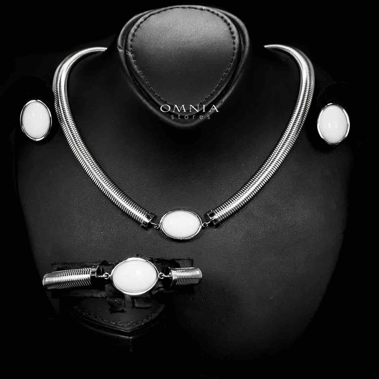 Omnia Naqiyah Silver Color Necklace,Bracelet and Earrings Set in High-Quality 8mm Stainless Steel with White Stone - OMNIASTORES UAE
