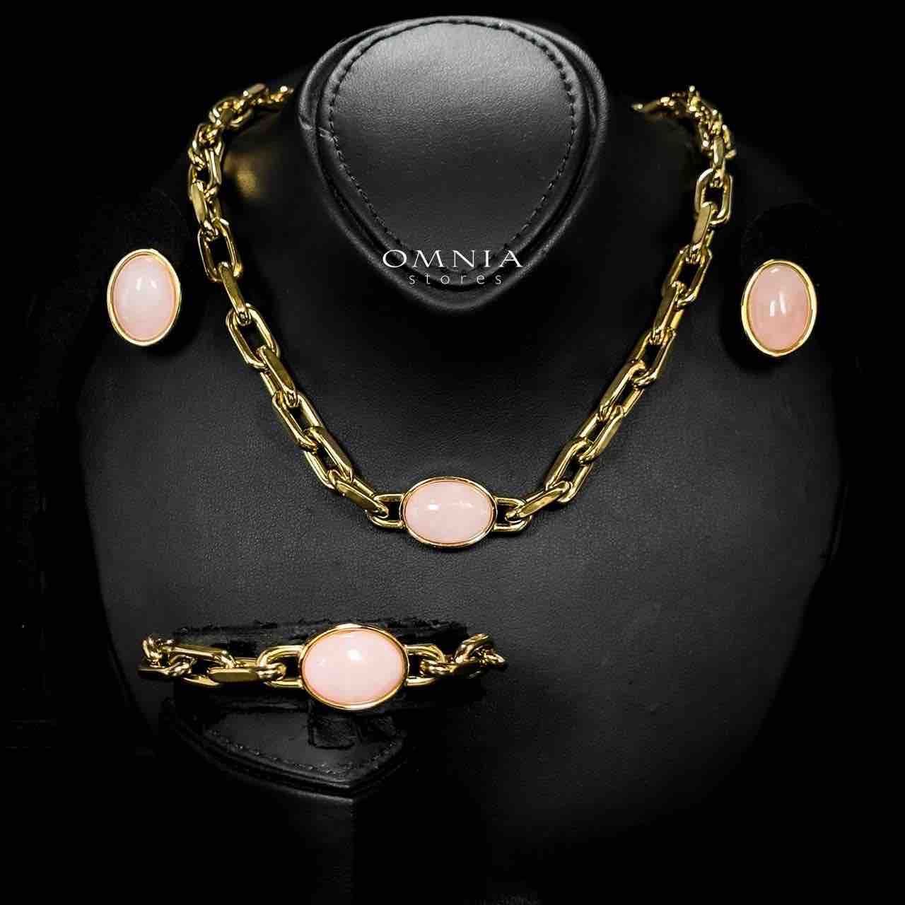 Omnia Caliya Copper Plated Gold Color Necklace,Bracelet and Earrings Set in High-Quality 8mm Stainless Steel with Pink Stone - OMNIASTORES UAE
