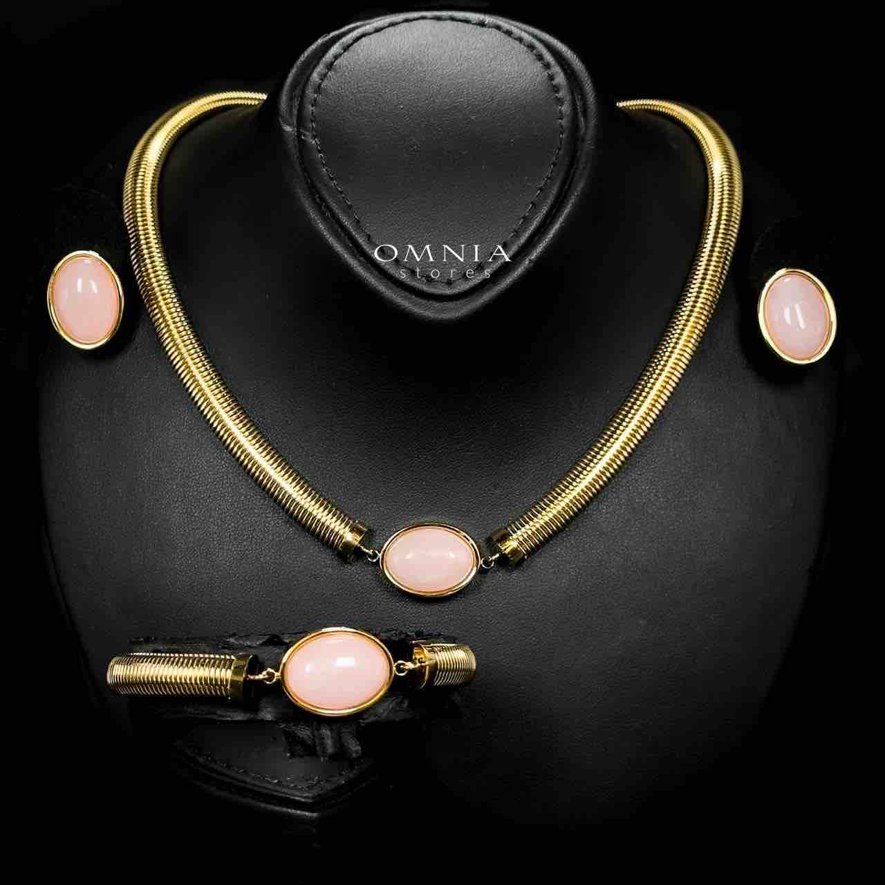 Omnia Naqiyah Copper Plated Gold Color Necklace,Bracelet and Earrings Set in High-Quality 8mm Stainless Steel with Pink Stone - OMNIASTORES UAE