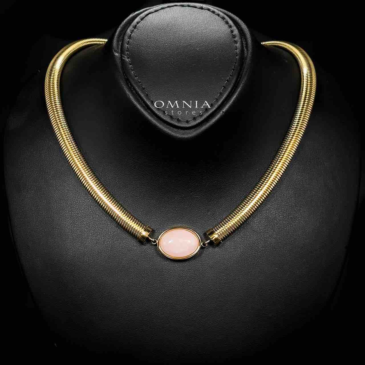 Omnia Naqiyah Copper Plated Gold Color Necklace,Bracelet and Earrings Set in High-Quality 8mm Stainless Steel with Pink Stone - OMNIASTORES UAE
