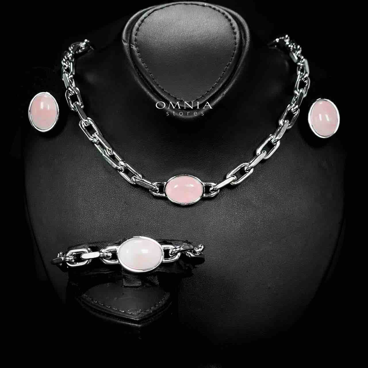 Omnia Caliya Silver Color Necklace,Bracelet and Earrings Set in High-Quality 8mm Stainless Steel with Pink Stone - OMNIASTORES UAE