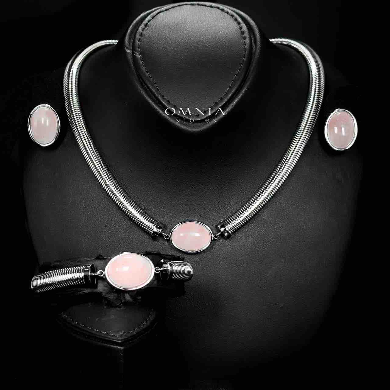 Omnia Naqiyah Silver Color Necklace,Bracelet and Earrings Set in High-Quality 8mm Stainless Steel with Pink Stone - OMNIASTORES UAE