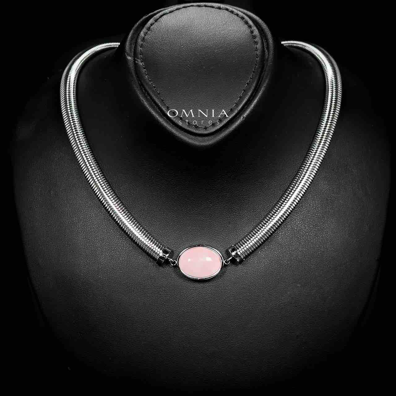 Omnia Naqiyah Silver Color Necklace,Bracelet and Earrings Set in High-Quality 8mm Stainless Steel with Pink Stone - OMNIASTORES UAE