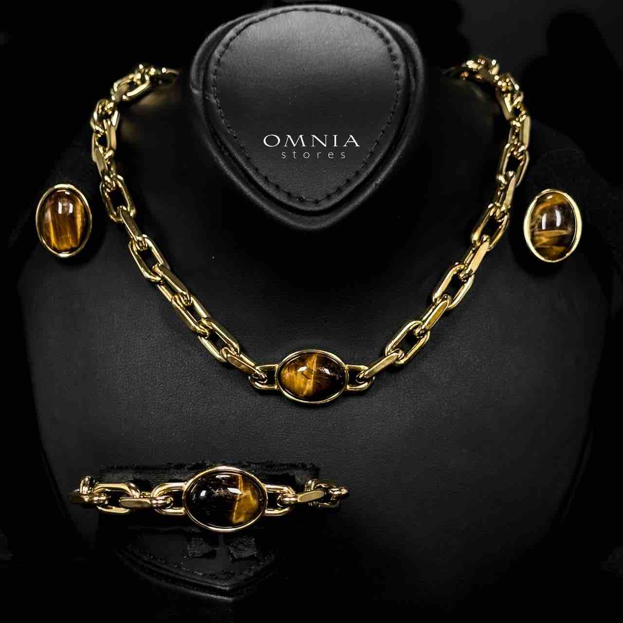 Omnia Caliya Copper Plated Gold Color Necklace,Bracelet and Earrings Set in High-Quality 8mm Stainless Steel with Brown Stone - OMNIASTORES UAE