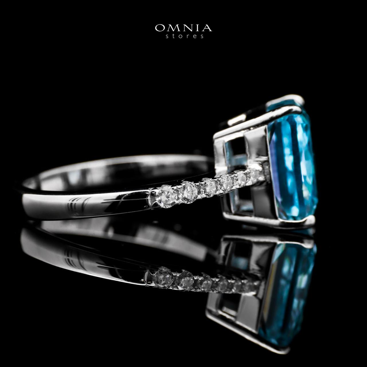 Omnia Alcina Radiant Cut Sky Blue Ring in 92.5 Silver with High Quality Simulated Diamonds - OMNIASTORES UAE