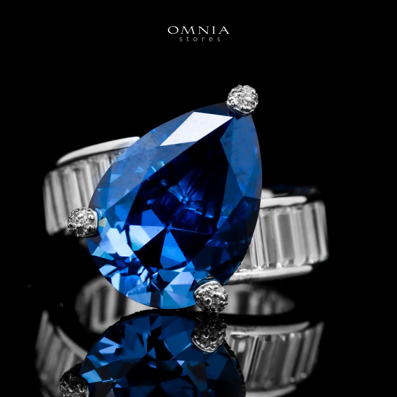 Omnia Sapphire Blue Teardrop Stone Ring in 92.5 Silver with High Quality Simulated Diamonds - OMNIASTORES UAE