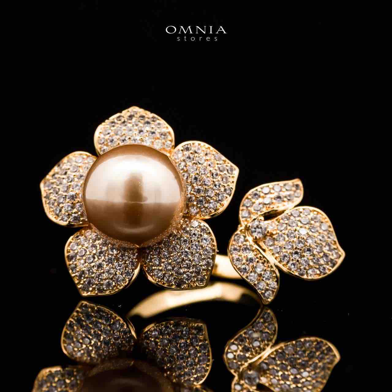 Omnia Ruba Golden Pearl Ring Accessories in High Quality Copper Rhodium Plated - OMNIASTORES UAE