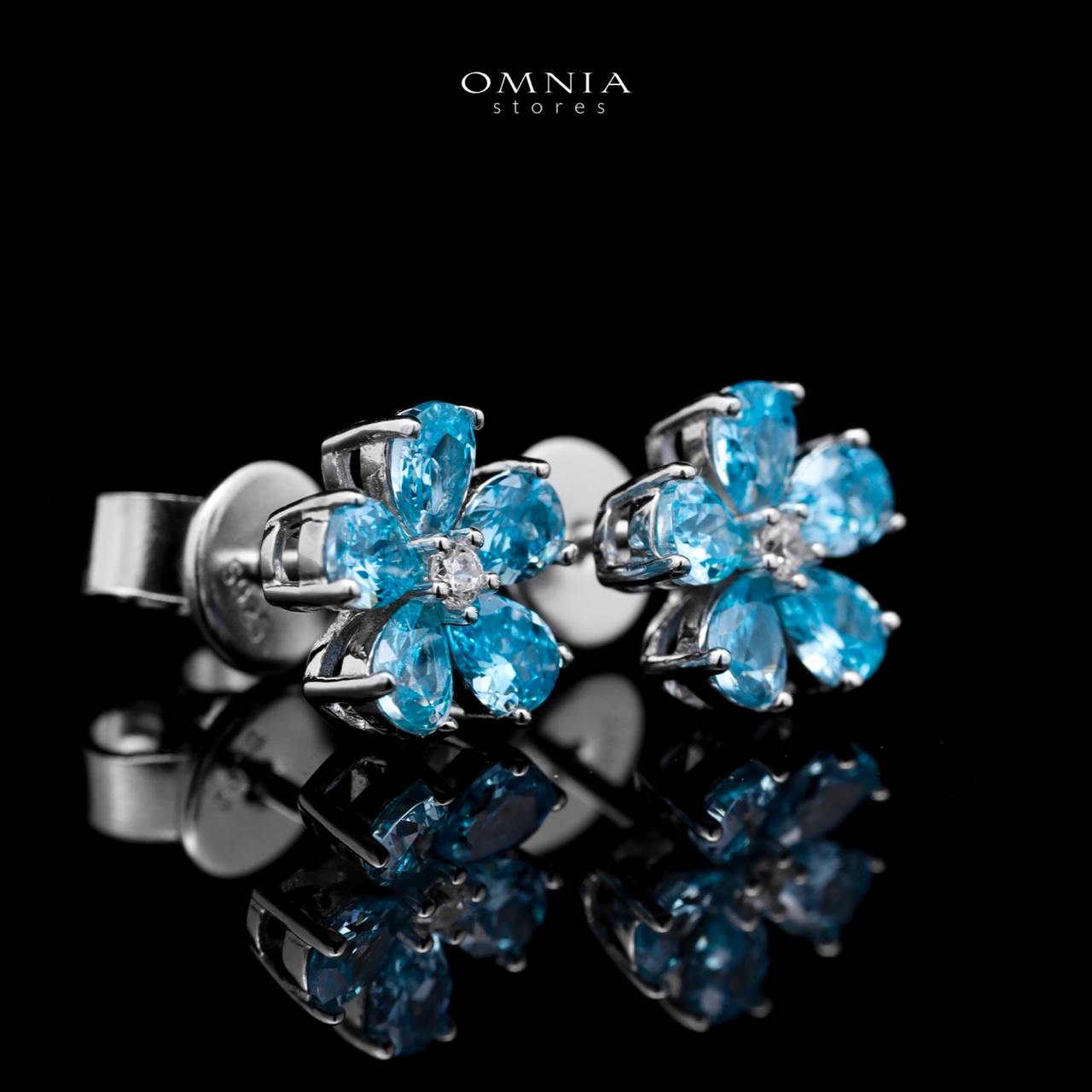 Omnia Aqua Flower Stud Earrings In 925 Silver with High Quality Simulated Diamonds - OMNIASTORES UAE