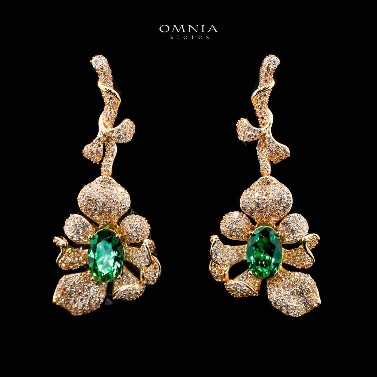 Omnia Margot Flower Design Golden Green Drop Earrings in 925 Silver with High-Quality Simulated Diamonds - OMNIASTORES UAE