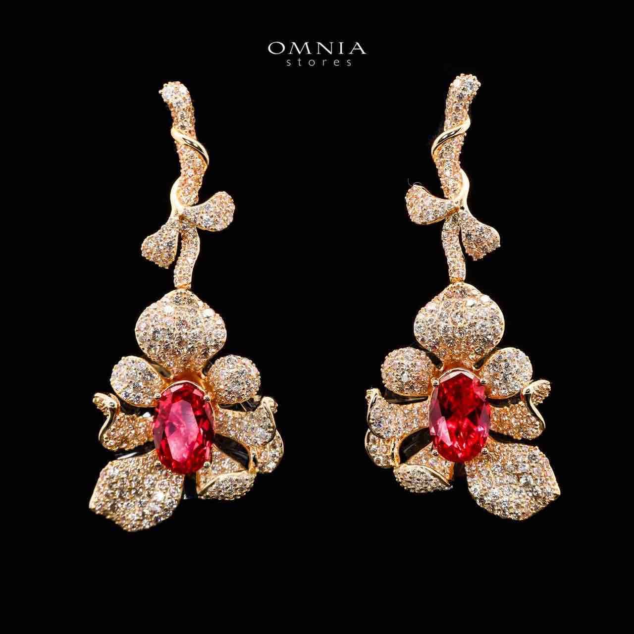 Omnia Margot Flower Design Golden Red Drop Earrings in 925 Silver with High-Quality Simulated Diamonds - OMNIASTORES UAE
