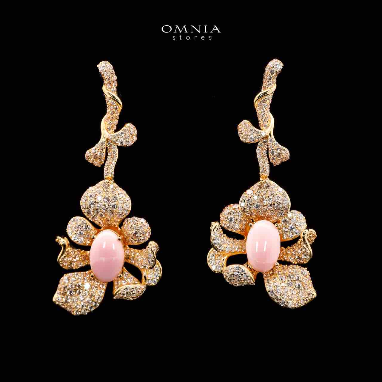 Omnia Margot Flower Design Golden Pink Drop Earrings in 925 Silver with High-Quality Simulated Diamonds and Coral Stone Detail - OMNIASTORES UAE