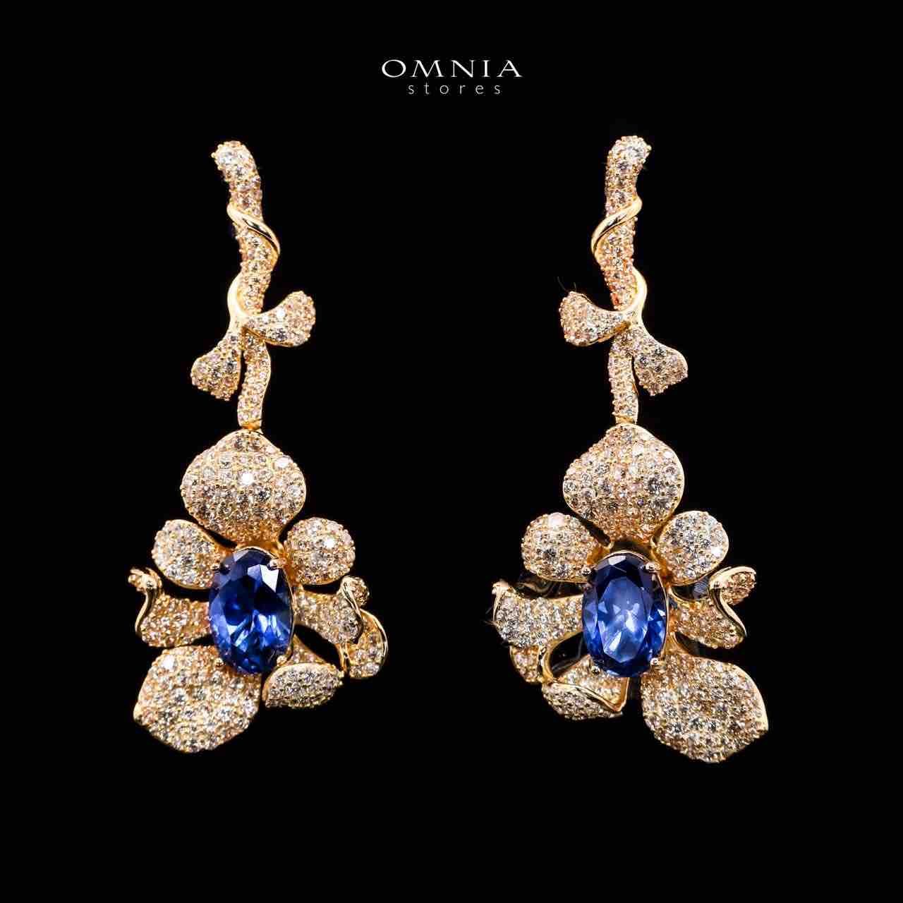 Omnia Margot Flower Design Golden Blue Drop Earrings in 925 Silver with High-Quality Simulated Diamonds - OMNIASTORES UAE