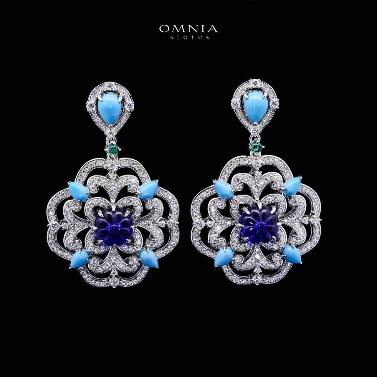 Omnia Siwar Silver Long Chain Necklace and Earrings Set 925 Silver in High Quality Blue Stones - OMNIASTORES UAE