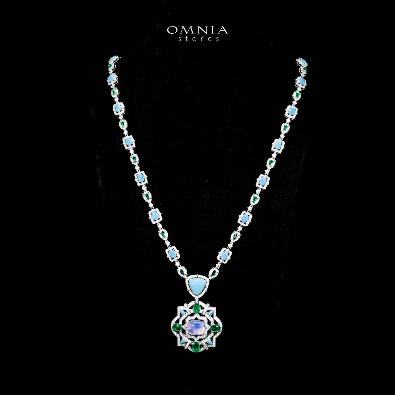 Omnia Siwar Silver Long Chain Necklace and Earrings Set 925 Silver in High Quality Green and Turquoise Simulated Diamond Stones - OMNIASTORES UAE