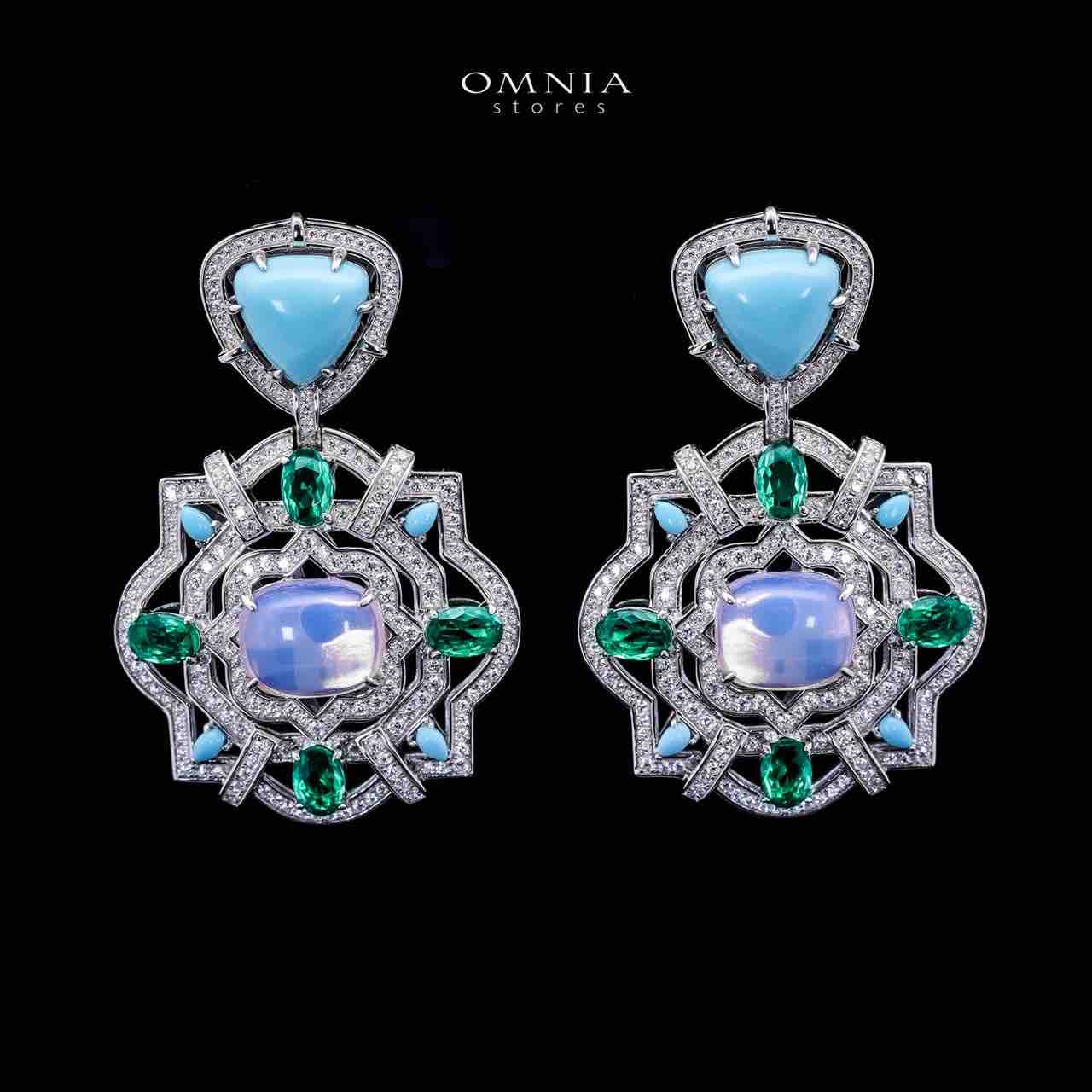 Omnia Siwar Silver Long Chain Necklace and Earrings Set 925 Silver in High Quality Green and Turquoise Simulated Diamond Stones - OMNIASTORES UAE