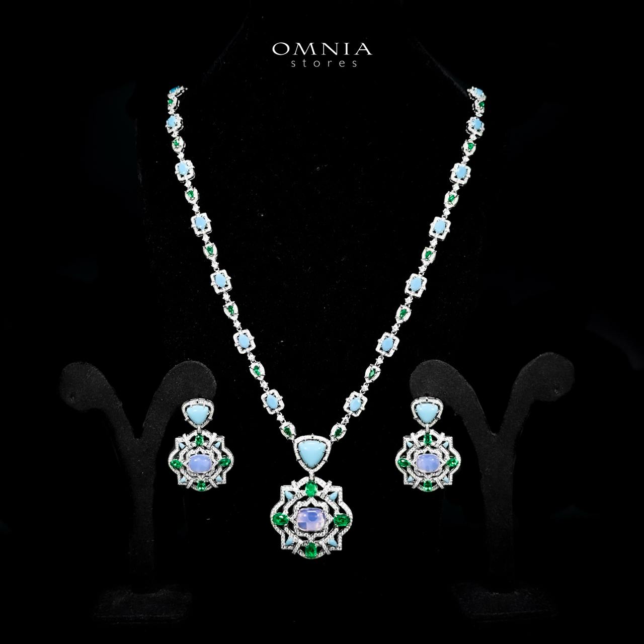 Omnia Siwar Silver Long Chain Necklace and Earrings Set 925 Silver in High Quality Green and Turquoise Simulated Diamond Stones - OMNIASTORES UAE