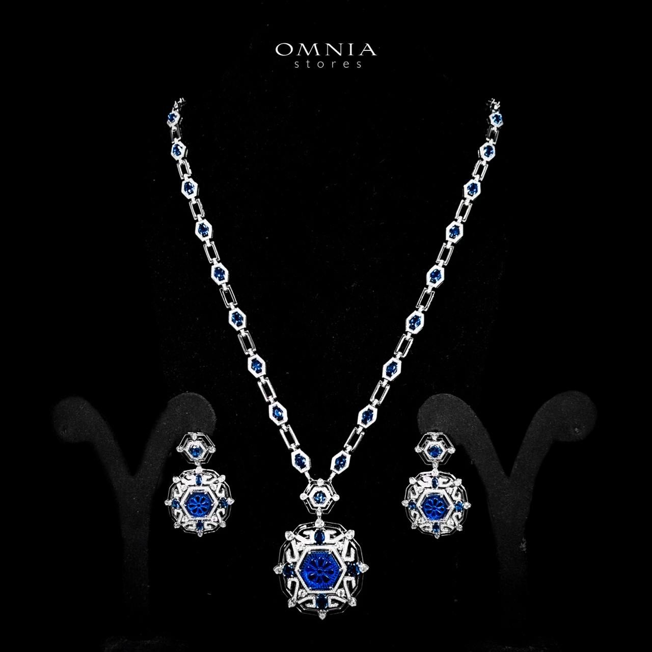 Omnia Siwar Silver Long Chain Necklace and Earrings Set 925 Silver in High Quality Blue Simulated Diamond Stones - OMNIASTORES UAE