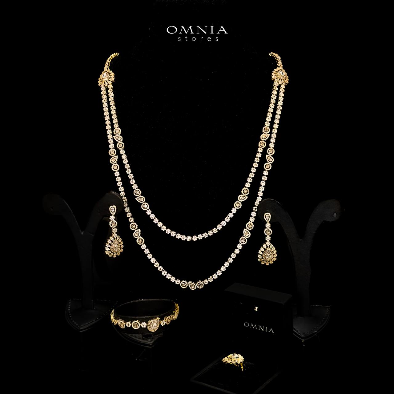 Omnia Ahad Bridal Golden Long Chain Set In Rhodium Plated With High Quality Zircon Stones - OMNIASTORES UAE